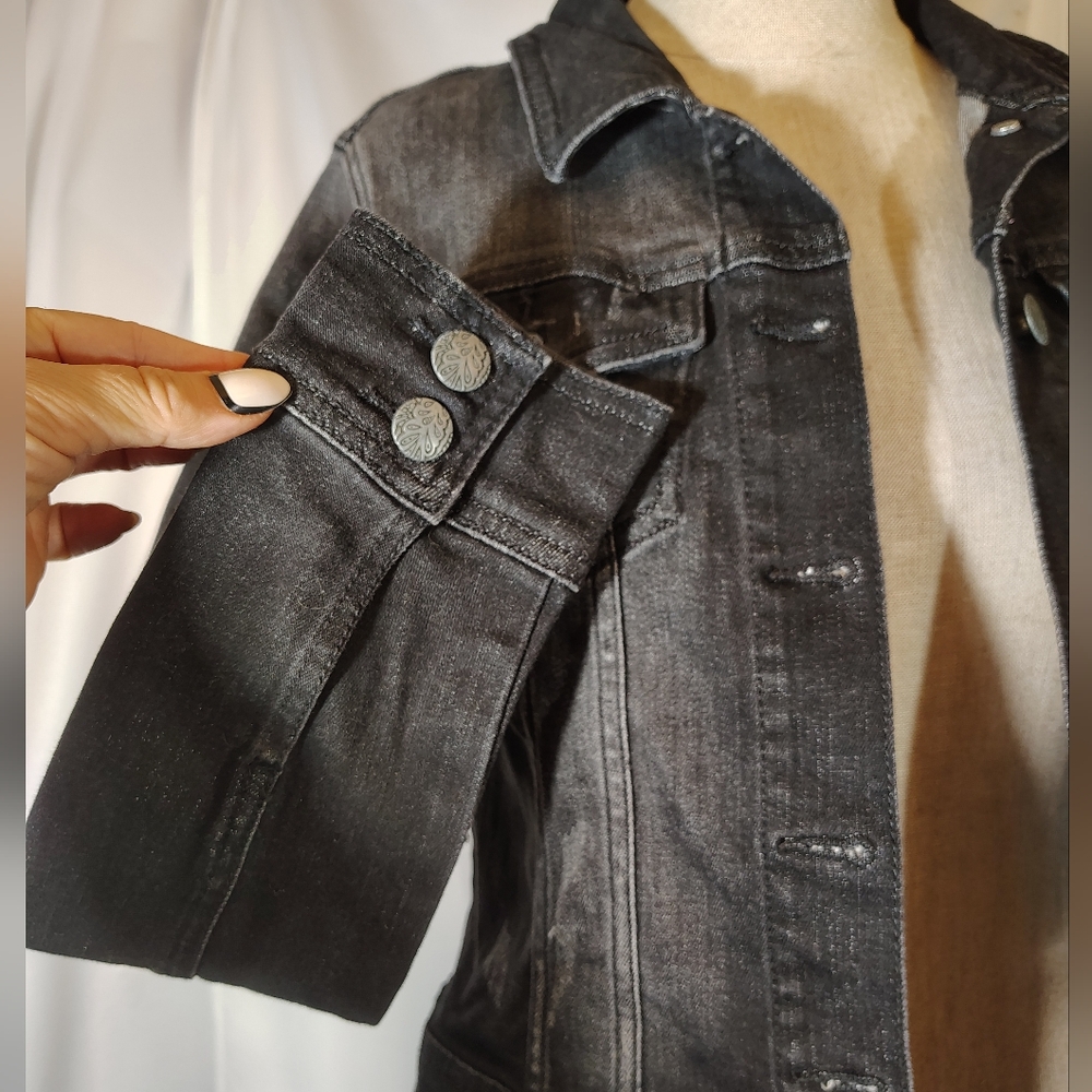 Prana Denim Crop Jacket, Black Distressed Jean  Pockets,Collar,BttnUp,Stretch,XS - Picture 5 of 8